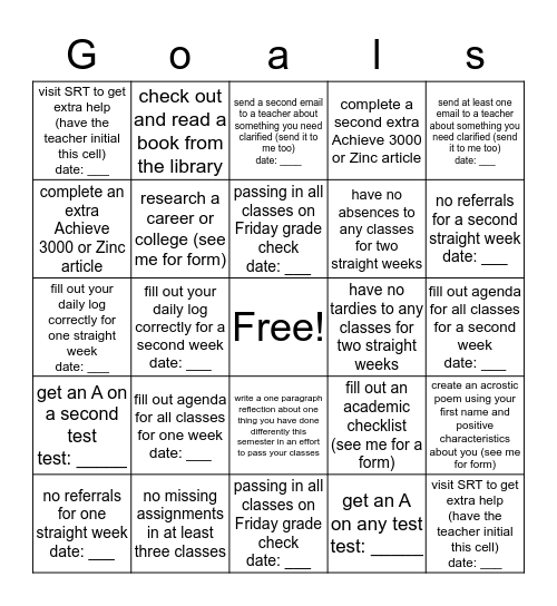 If there is no date blank, put a star in the cell after you complete the activity listed.  Bingo Card