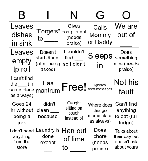 Spouse Bingo Card