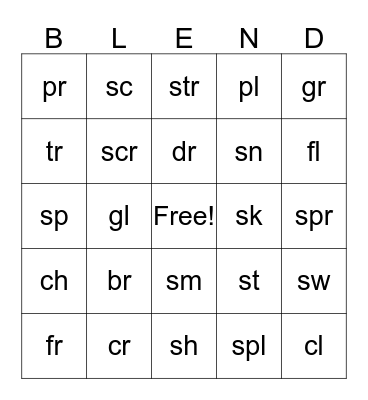 Consonant Blends Bingo Card