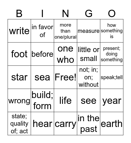 Affixes Practice Bingo Card