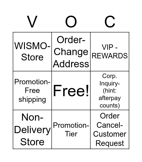 V.O.C Bingo Card