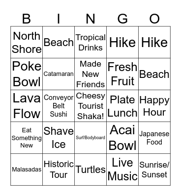 Oahu Adventures Bingo Card