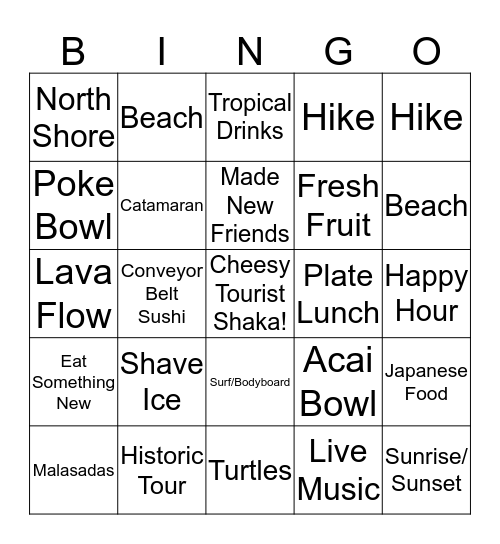 Oahu Adventures Bingo Card