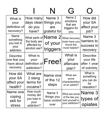Recovery Bingo! Bingo Card