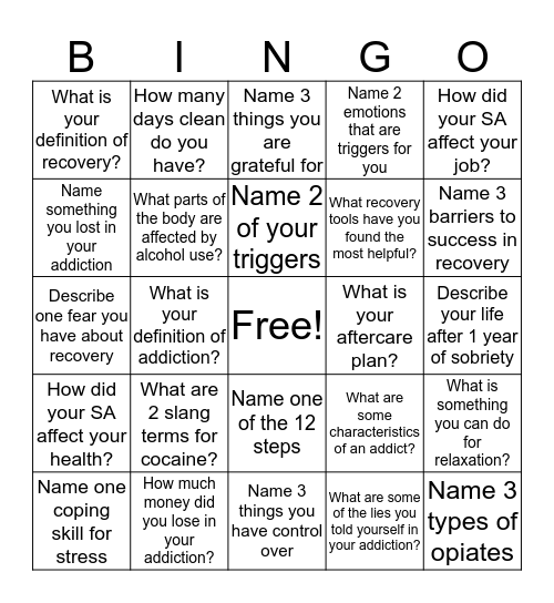 Recovery Bingo! Bingo Card