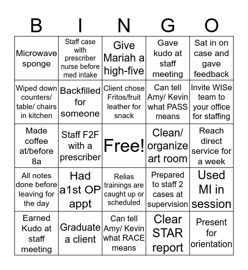 Child & Family  Bingo Card