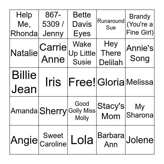 Girls Names Bingo Card