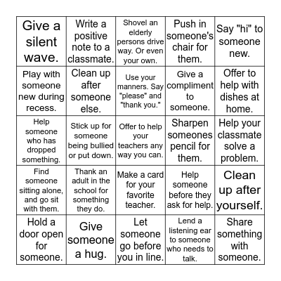 Random Acts of Kindness Bingo Card