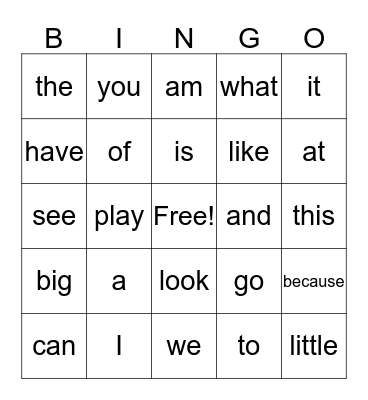 Sight Words Bingo Card