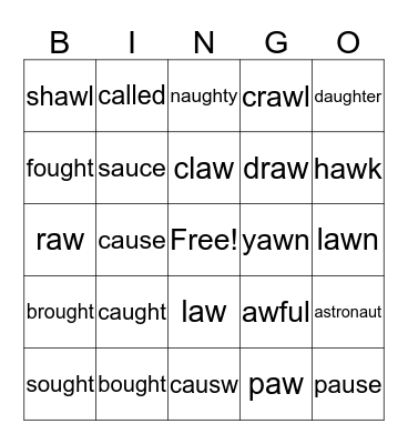 aught, ou, aw, all Bingo Card