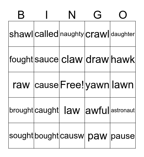 aught, ou, aw, all Bingo Card