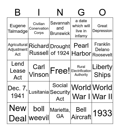 World War I, II and the Great Depression Bingo Card