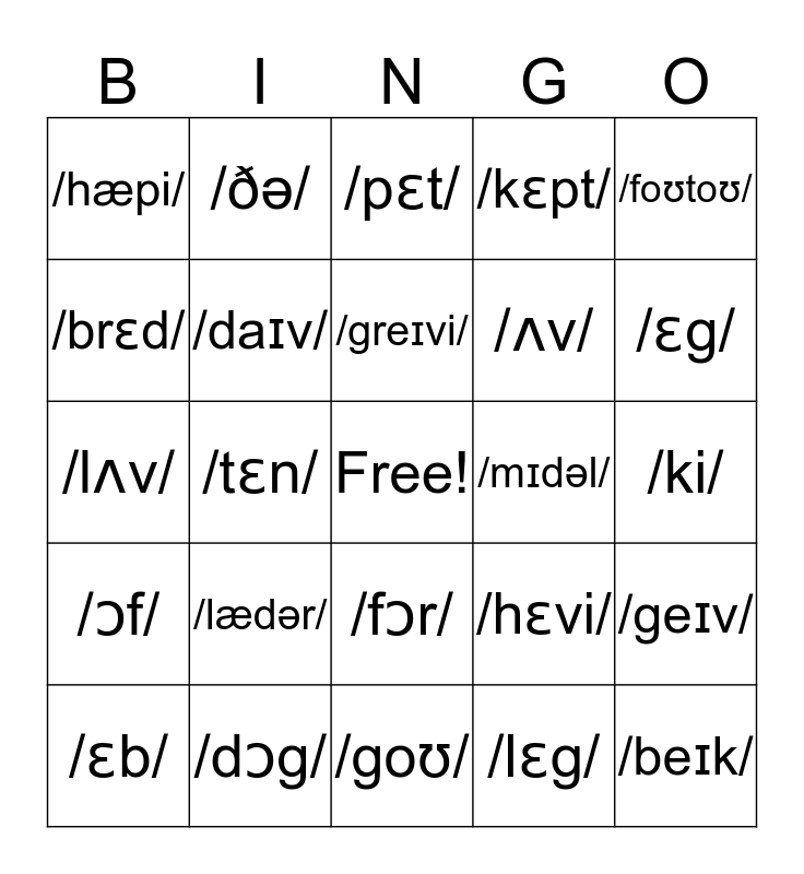 IPA Words Bingo Card