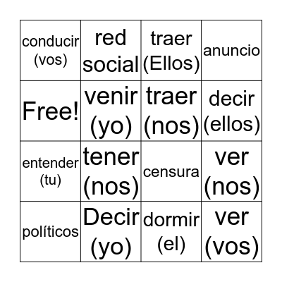 Irregular Verbs Bingo Card
