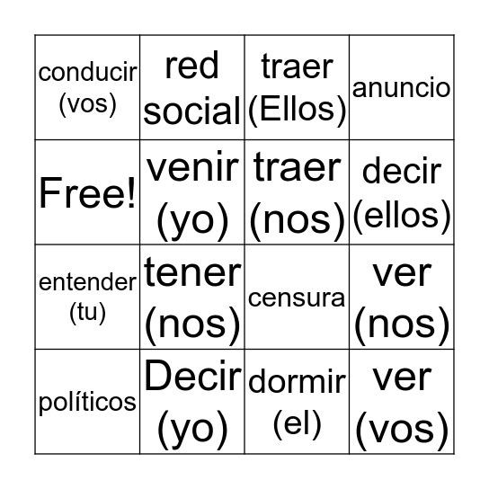 Irregular Verbs Bingo Card