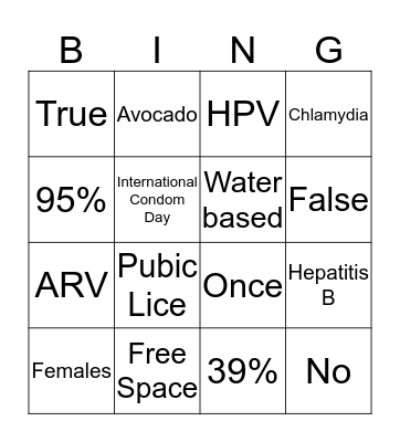 Condom Bingo Card