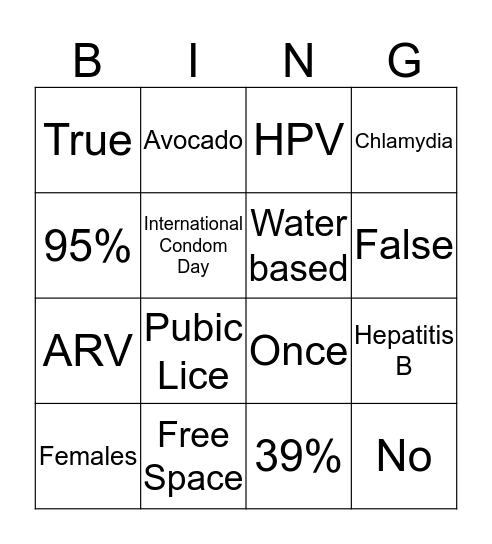 Condom Bingo Card
