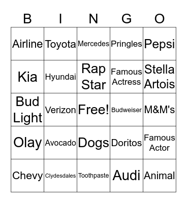 Super Bowl Commercial Bingo Card