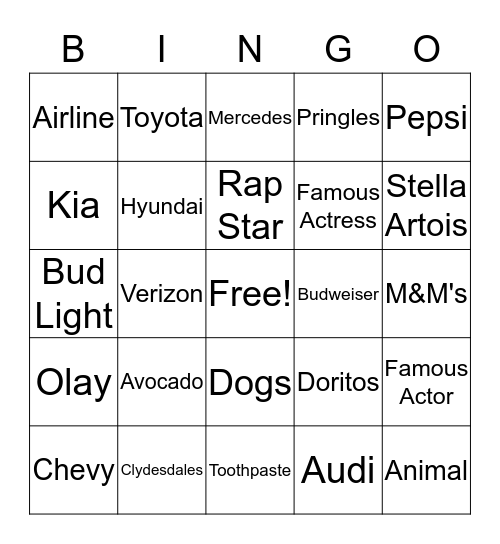 Super Bowl Commercial Bingo Card