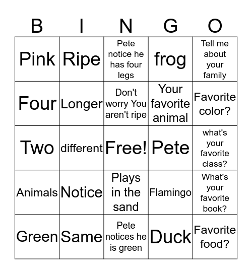 Pete's Sake Bingo Card