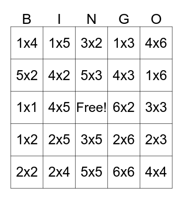 multiplication BINGO Card