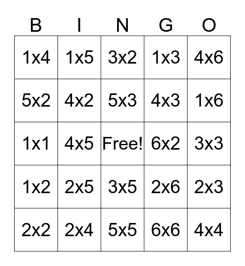 multiplication BINGO Card