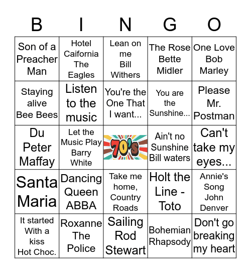 MuziekBingo 70's Bingo Card