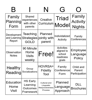 Quality Ed and Child Dev Services-EHS Bingo Card