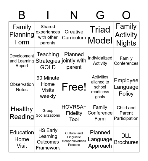 Quality Ed and Child Dev Services-EHS Bingo Card