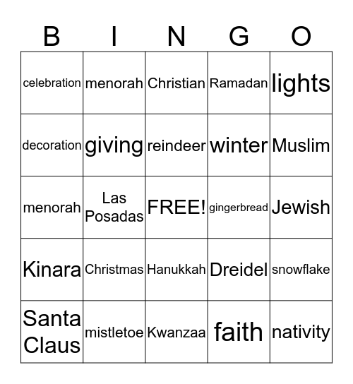 December Holidays Bingo Card