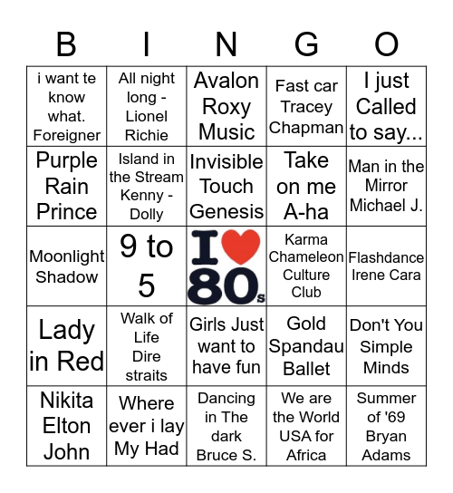 MuziekBingo 80's Bingo Card