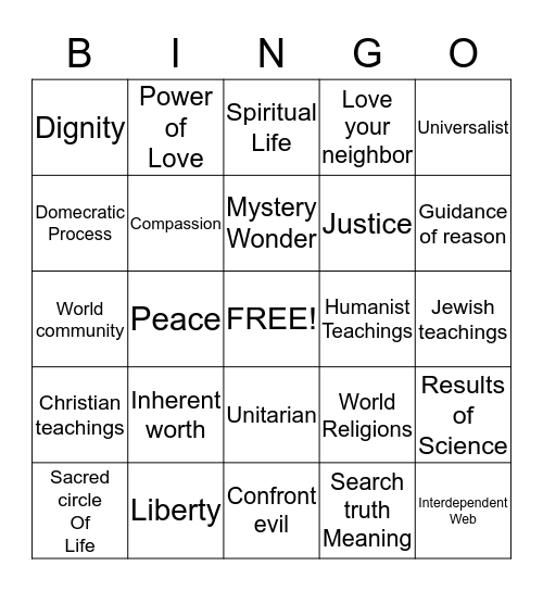 UU Principle Bingo Card