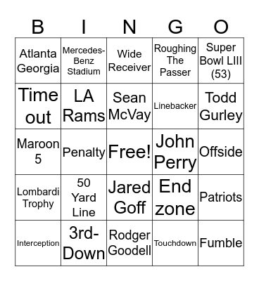 Super Bowl Bingo Card