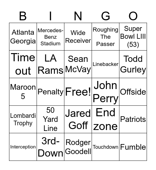 Super Bowl Bingo Card