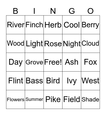 Nature Inspired LAST NAMES Bingo Card