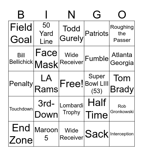 Super Bowl Bingo Card