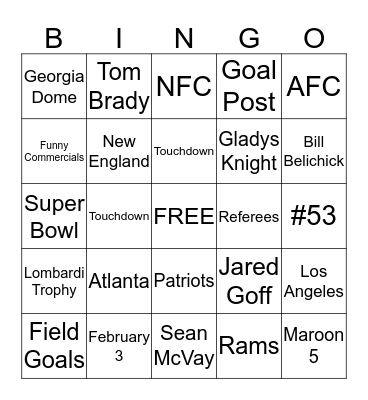 Super Bowl Bingo Card