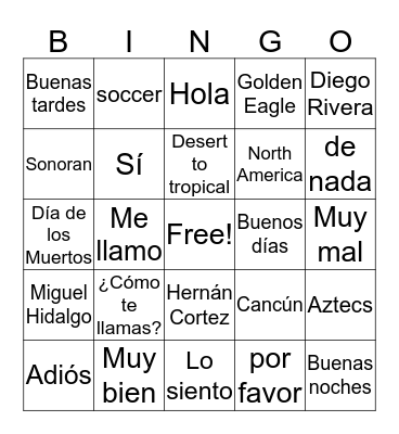 Spanish Greetings/Mexico Bingo Card