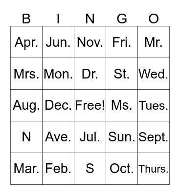 2nd Grade Abbreviations Bingo Card