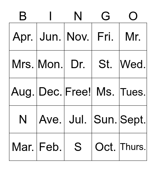 2nd Grade Abbreviations Bingo Card