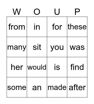 Sight Words Bingo Card