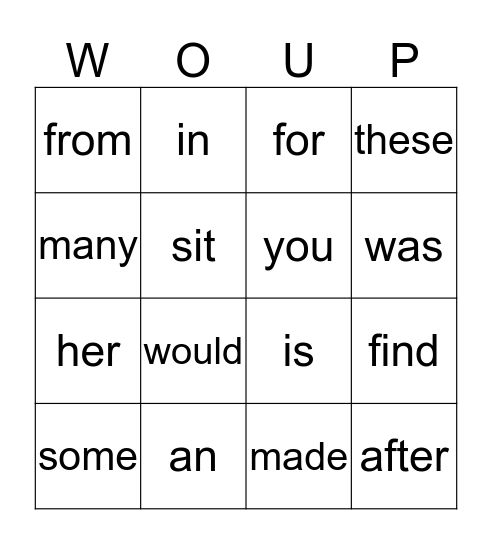 Sight Words Bingo Card