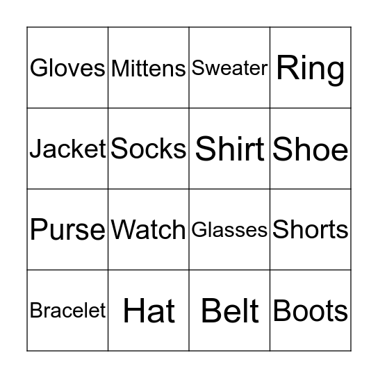 Clothing/Accessories Bingo Card