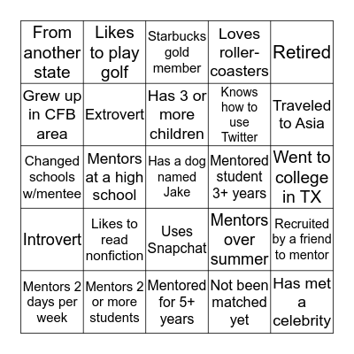 CFBISD Mentoring Bingo Card