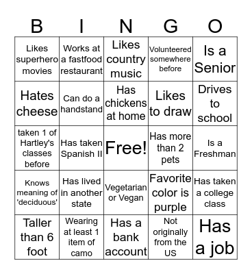 First day ag Bingo Card