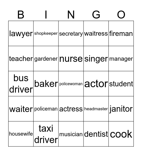 Occupation Bingo Card