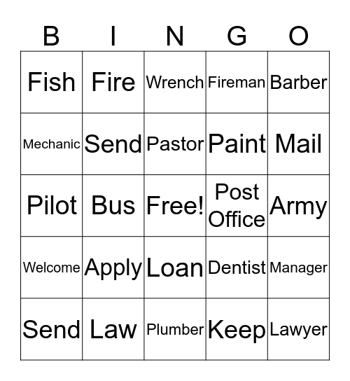 Work Related Vocabulary Bingo Card