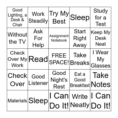 Study Skills BINGO Card