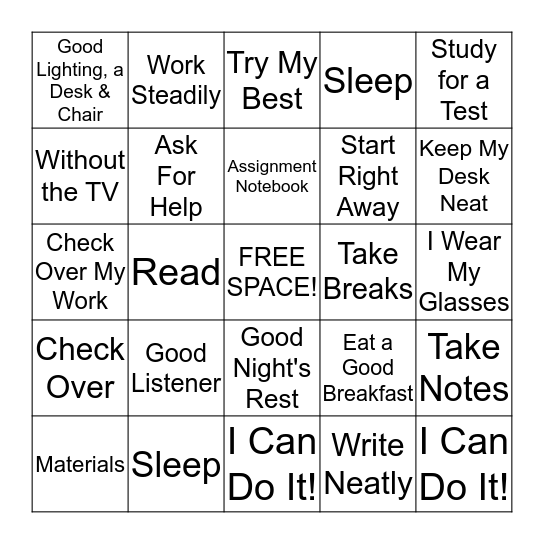 Study Skills BINGO Card