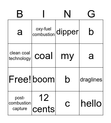 Coal Bingo Card